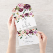 素朴なバーガンディの水彩花とゴールドドロップ オールインワン招待状 (貼ってはがせる)