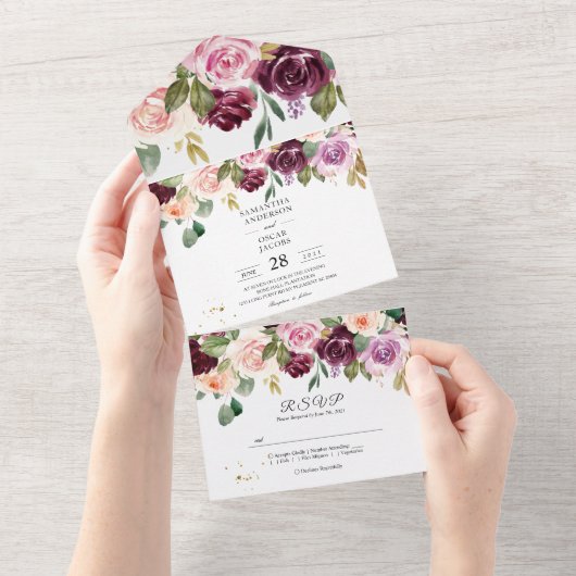 素朴なバーガンディの水彩花とゴールドドロップ オールインワン招待状 (貼ってはがせる)