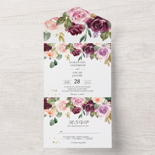 素朴なバーガンディの水彩花とゴールドドロップ オールインワン招待状 (内側)