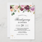 素朴なバーガンディの水彩花とゴールドドロップ 招待状 (正面)