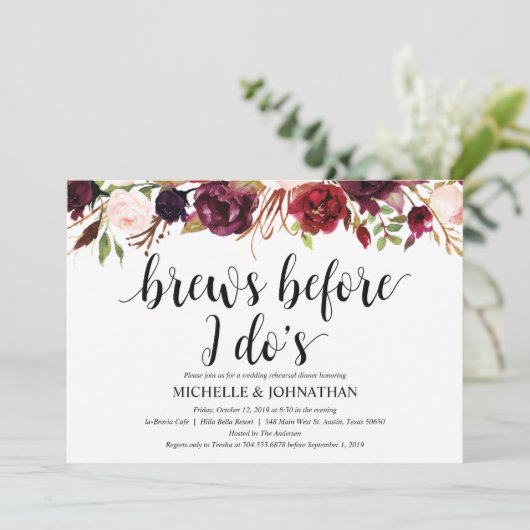 素朴なバーガンディの結婚式のリハーサルの夕食の招待 招待状 (スタンド正面)