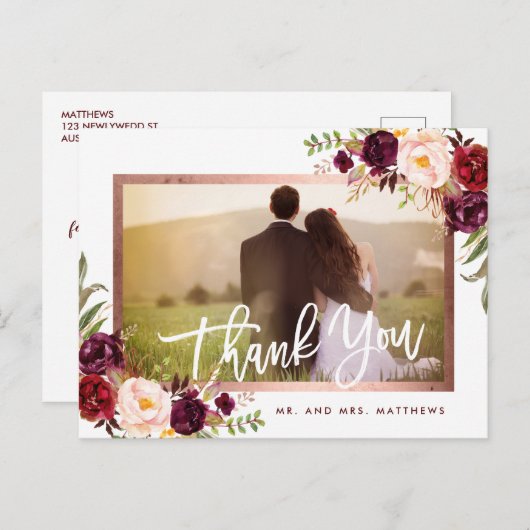 素朴なバーガンディの花の結婚式の写真は感謝していしています 案内ポストカード (正面/裏面)