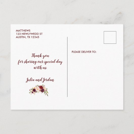 素朴なバーガンディの花の結婚式の写真は感謝していしています 案内ポストカード (裏面)