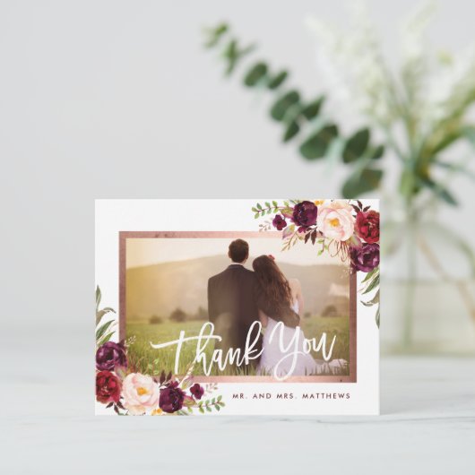 素朴なバーガンディの花の結婚式の写真は感謝していしています 案内ポストカード (スタンド正面)