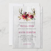 素朴なバーガンディの花の(雄ジカの)枝角の結婚式招待状 招待状 (正面)