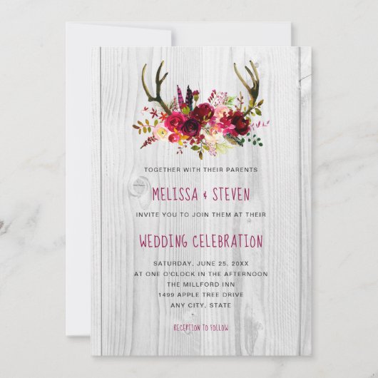 素朴なバーガンディの花の(雄ジカの)枝角の結婚式招待状 招待状 (正面)