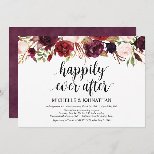 素朴なバーガンディの花を添えた秘密の挙式 受付招待状 招待状 (正面/裏面)