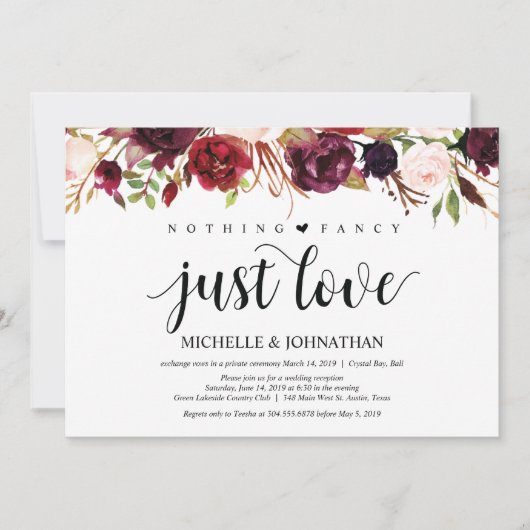 素朴なバーガンディの花を添えた秘密の挙式　受付招待状 招待状 (正面)