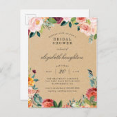 素朴なバーガンディの赤面のピンクの花柄のブライダルシャワー インビテーションポストカード (正面/裏面)