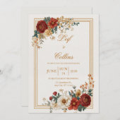 素朴なバーガンディゴールドの花を飾った秋のウェディング 招待状 (正面/裏面)