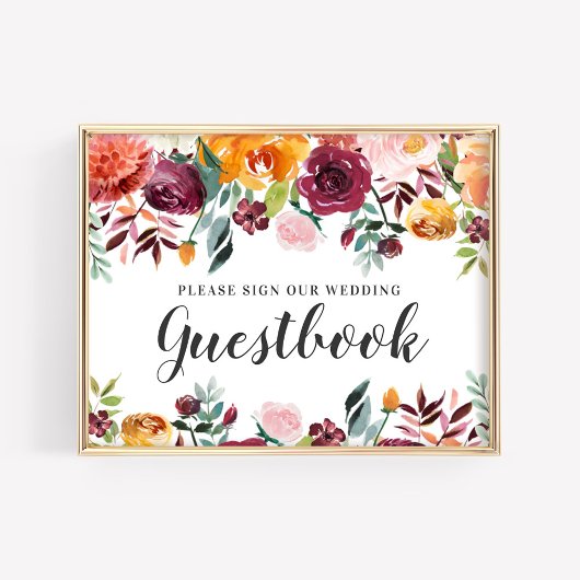素朴なバーガンディピンクの秋の花の結婚式のゲストブック ポスター