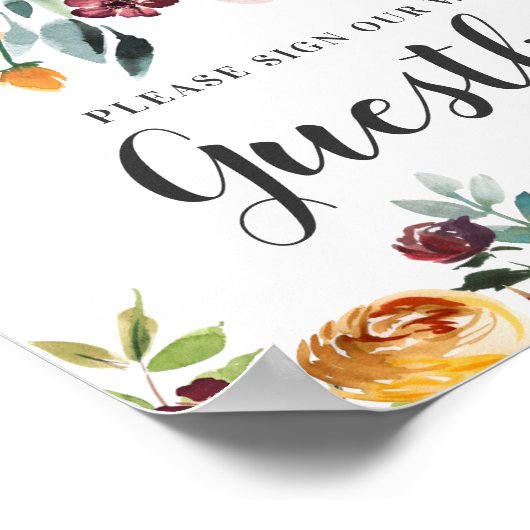 素朴なバーガンディピンクの秋の花の結婚式ゲストブック ポスター (角)