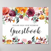 素朴なバーガンディピンクの秋の花の結婚式ゲストブック ポスター (正面)