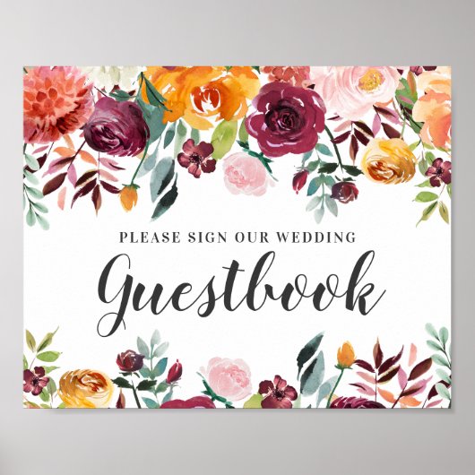 素朴なバーガンディピンクの秋の花の結婚式ゲストブック ポスター (正面)