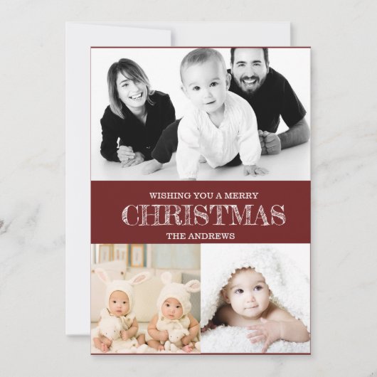 素朴なバーガンディレッドの冬のクリスマス写真コラージュH シーズンカード (正面)