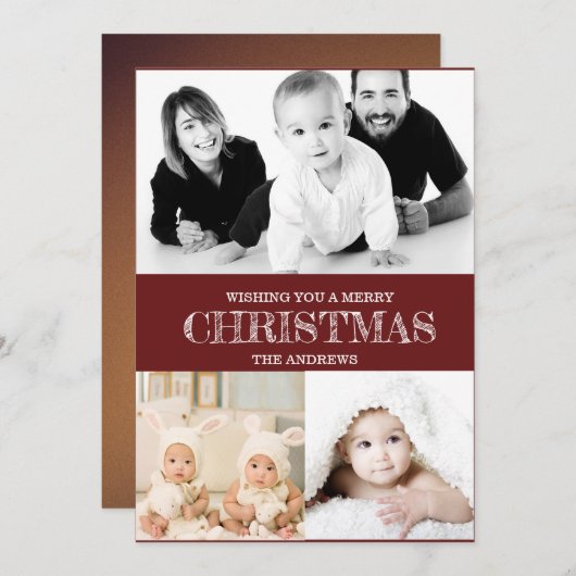 素朴なバーガンディレッドの冬のクリスマス写真コラージュH シーズンカード (正面/裏面)