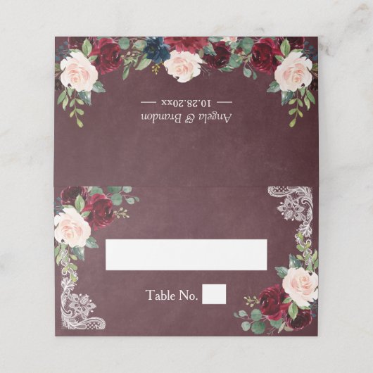 素朴なバーガンディレッドの花柄ホワイトレースのウェディングドレス プレイスカード (外部開封)