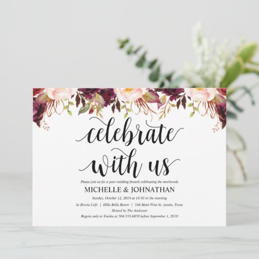 素朴なバーガンディーの結婚式後招待状カード 招待状 (スタンド正面)