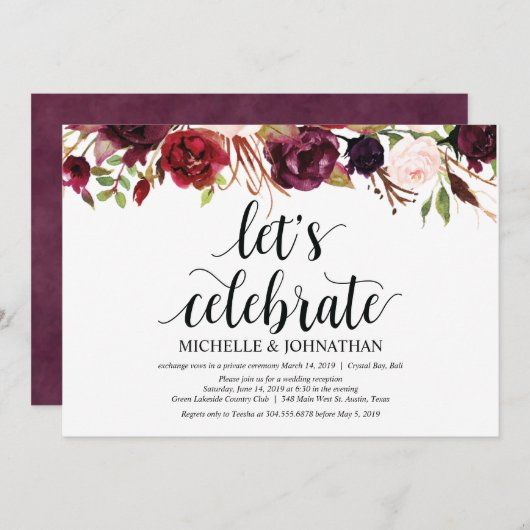 素朴なバーガンディーフラワーのアンテープメントの受付招待状 招待状 (正面/裏面)