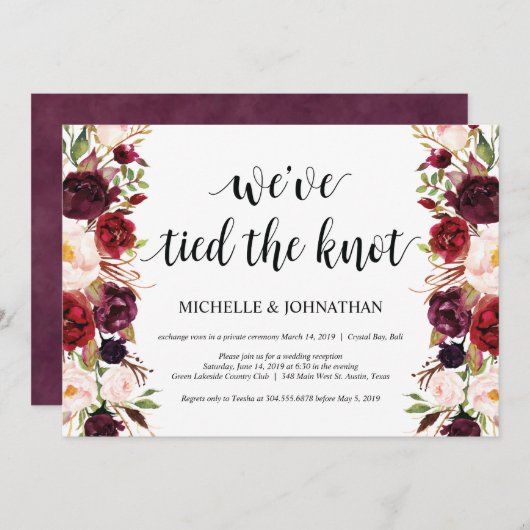 素朴なバーガンディーフラワーのアンテ前撮り披露宴招待状 招待状 (正面/裏面)