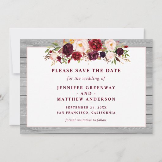 素朴なバーガンディーブラッシュ フローラル ピンク ボーダー ウェディング セーブザデート (裏面)