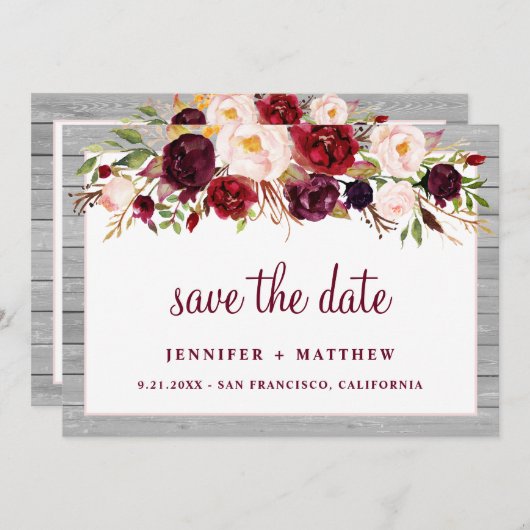 素朴なバーガンディーブラッシュ フローラル ピンク ボーダー ウェディング セーブザデート (正面/裏面)