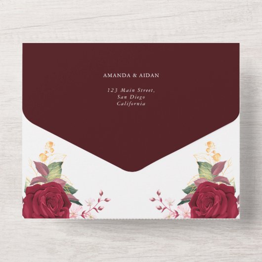 素朴なバーガンディーロマンチックレッドフラワーのウェディング オールインワン招待状 (裏面)