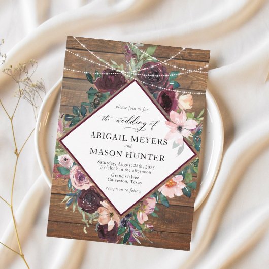 素朴なバーガンディ水彩花のウェディング 招待状