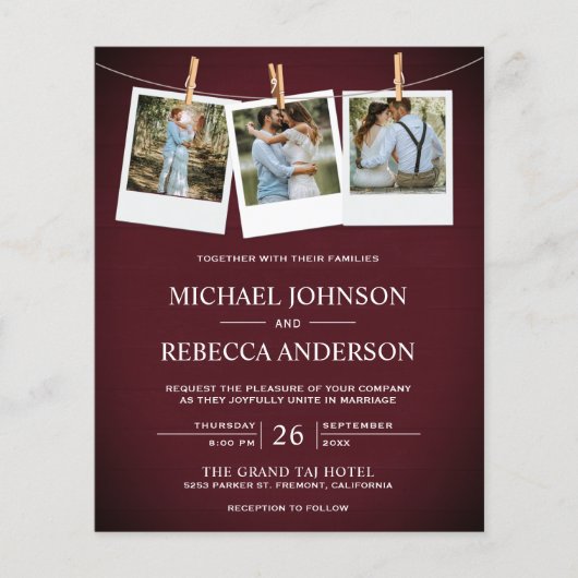 素朴なバーガンディ色の木製写真付きおしゃれなウェディング招待状 (正面)