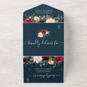 素朴なバーガンディ ネイビーブルー & 赤い花とライト オールインワン招待状 (外側)