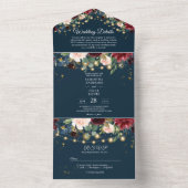 素朴なバーガンディ ネイビーブルー & 赤い花とライト オールインワン招待状 (内側)