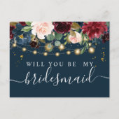 素朴なバーガンディ ネイビーブルー & 赤い 花々 と ライト インビテーションポストカード (正面)