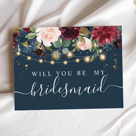 素朴なバーガンディ ネイビーブルー & 赤い 花々 と ライト インビテーションポストカード