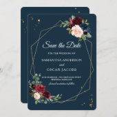 素朴なバーガンディ ネイビーブルー & 赤 ゴールドの花のフレーム セーブザデート (正面/裏面)