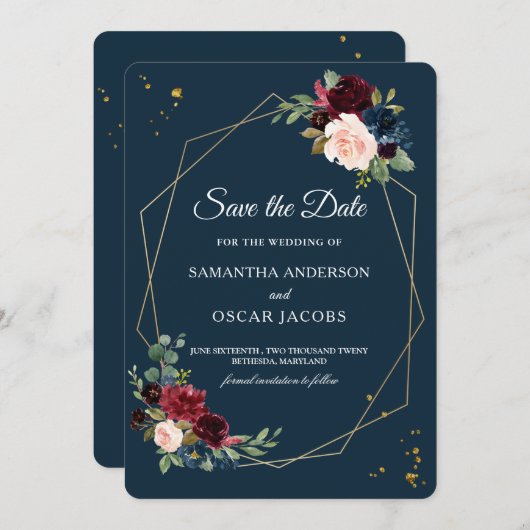 素朴なバーガンディ ネイビーブルー & 赤 ゴールドの花のフレーム セーブザデート (正面/裏面)