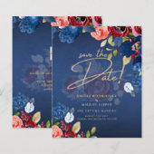 素朴なバーガンディ ブルー 花の結婚式 SAVE THE DATE (正面/裏面)