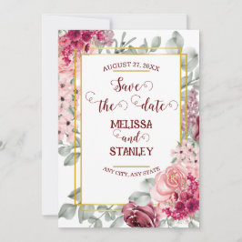 素朴なバーガンディ マーサラ ピンク フラワー セーブ・ザ・デート 招待状