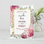 素朴なバーガンディ マーサラ ピンク フラワー セーブ・ザ・デート 招待状 (スタンド正面)