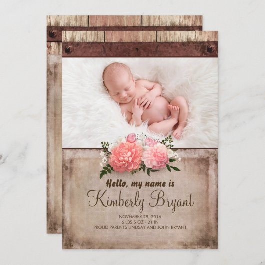 素朴なバーラップおよび木女の赤ちゃんの写真の誕生 案内状 (正面/裏面)