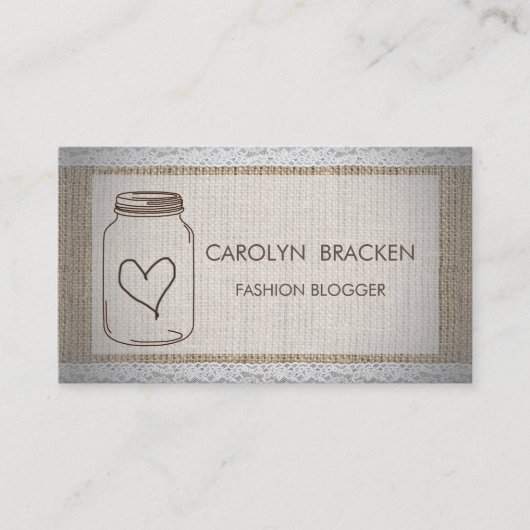 素朴なバーラップのシックなレースのメーソンジャーのハート 名刺 (正面)