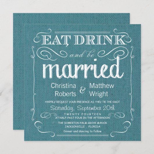 素朴なバーラップのティール(緑がかった色)の青の結婚式招待状 招待状 (正面/裏面)