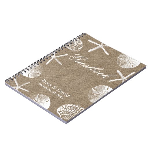 素朴なバーラップのビーチ結婚式のゲストブック ノートブック (左側)