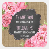 素朴なバーラップのピンクのシャクヤクは好意のステッカー感謝していしています スクエアシール (正面)