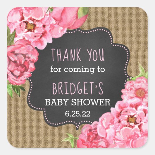 素朴なバーラップのピンクのシャクヤクは好意のステッカー感謝していしています スクエアシール (正面)