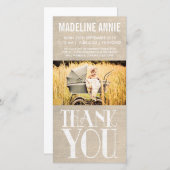 素朴なバーラップのベビーの誕生は写真感謝していしています サンキューカード (正面/裏面)