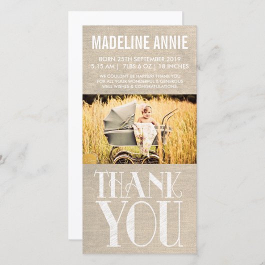 素朴なバーラップのベビーの誕生は写真感謝していしています サンキューカード (正面/裏面)