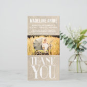 素朴なバーラップのベビーの誕生は写真感謝していしています サンキューカード (スタンド正面)