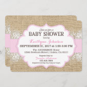 素朴なバーラップのモダンなレースのピンクの女の子のベビーシャワー 招待状 (正面/裏面)