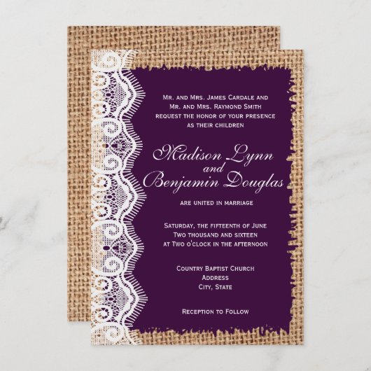 素朴なバーラップのレースの暗い紫色の結婚式招待状 招待状 (正面/裏面)