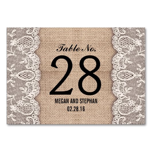 素朴なバーラップのレースの結婚式のテーブル数カード テーブルナンバー (正面)